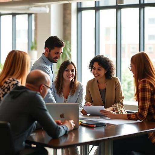 Our Team at Apex Academy collaborating on a project, showing a diverse group of people working together in a modern office setting